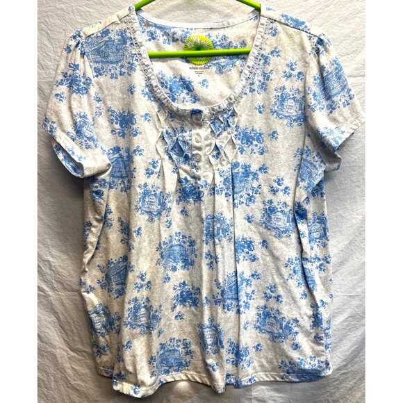 White Orchid Tops - White Orchid Blue & White Large Floral Short Sleeve Womens Top